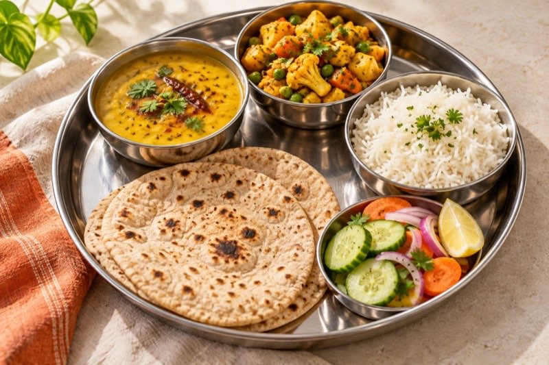 Indian thali with golden dal, rice, rotis, mixed vegetables and salad