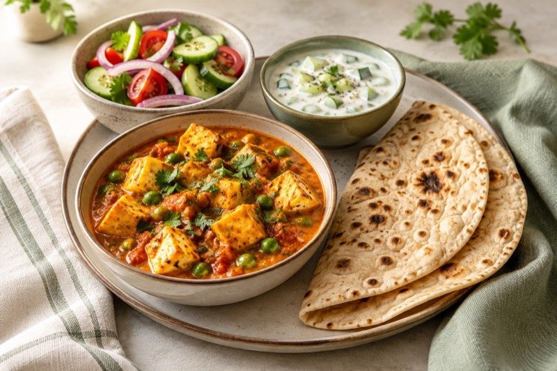 Paneer curry with peas, soft rotis, cucumber raita and fresh salad